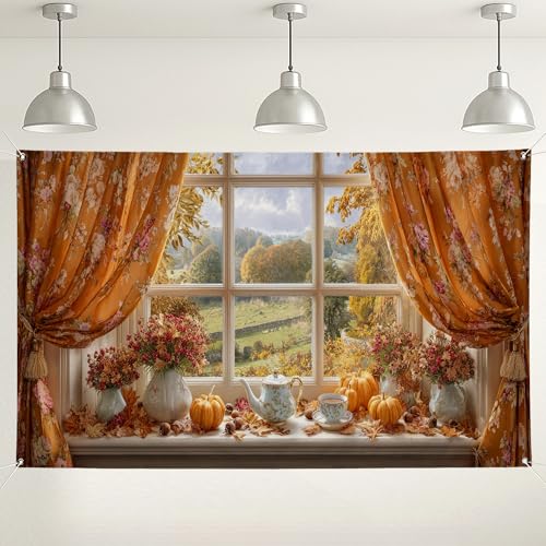 Sfondo floreale autunnale con finestra decorazione vintage a forma di zucca per feste autunnali sfondo fotografico rustico per eventi del Ringraziamento 180 x 109 cm