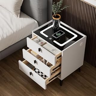 Oyajia White Bedside Table with Wireless Charging & USB Charging Station, Led Bedside Table with 3 Drawers, High Gloss Smart Nightstand Organizer for Bedroom Use, 50.5 * 40.5 * 48 cm