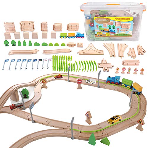 On Track USA Wooden Train Set 110 Pcs - Wood Toy Train Track for Kids with Railway Accessories and Clear Container Compatible with All Major Brands