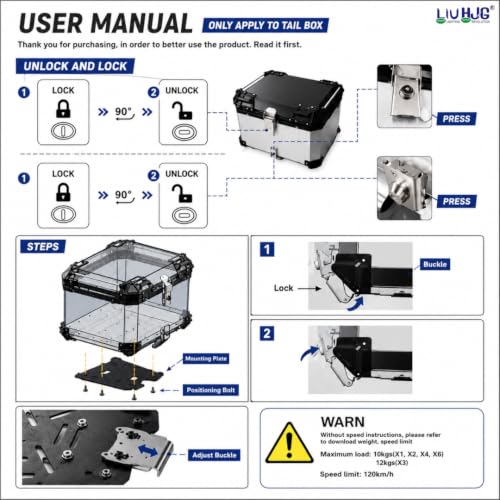 Image of LIU HJG Motorcycle Aluminum Top Case 45L Lockable Rear Luggage Storage Box with Universal Mounting Plate, Waterproof Adventure Touring Top Box, Black