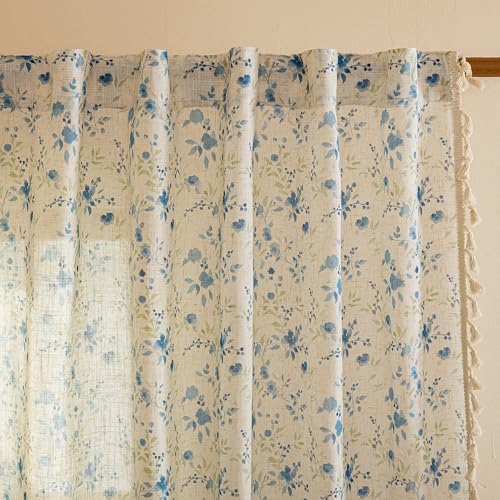 Image of MYSKY HOME Blue Floral Semi Sheer Boho Linen Curtains 63 Inch Length 2 Panels for Living Room Bedroom Light Filtering Spring Vintage Farmhouse French Tassels Back Tab Drapes, 50 inch Wide, 2 Panels