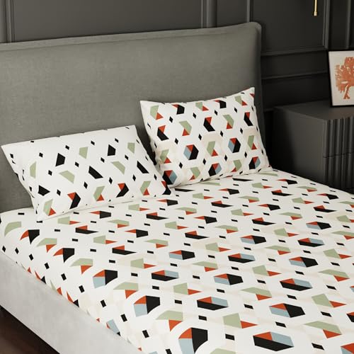 Image of BLISSHOME SoftTouch 150TC Cotton King Size Fitted Bedsheet with 2 Pillow Covers, Silky Smooth Bedding Set, Breathable, Easy Maintain, Geometric Pattern - Cream (183cm x 198cm + 25cm Drop)