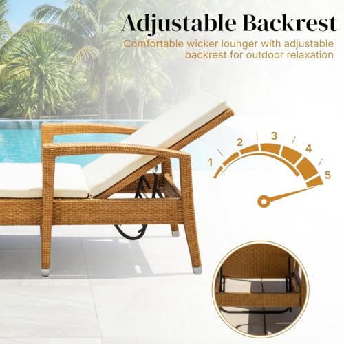 Image of DEVOKO Outdoor Patio Chaise Lounge Chair with Water Resistant Cushions and Matching Table with Glass Top for Garden, Pool, Beach, Yard, Deck (Beige & White)