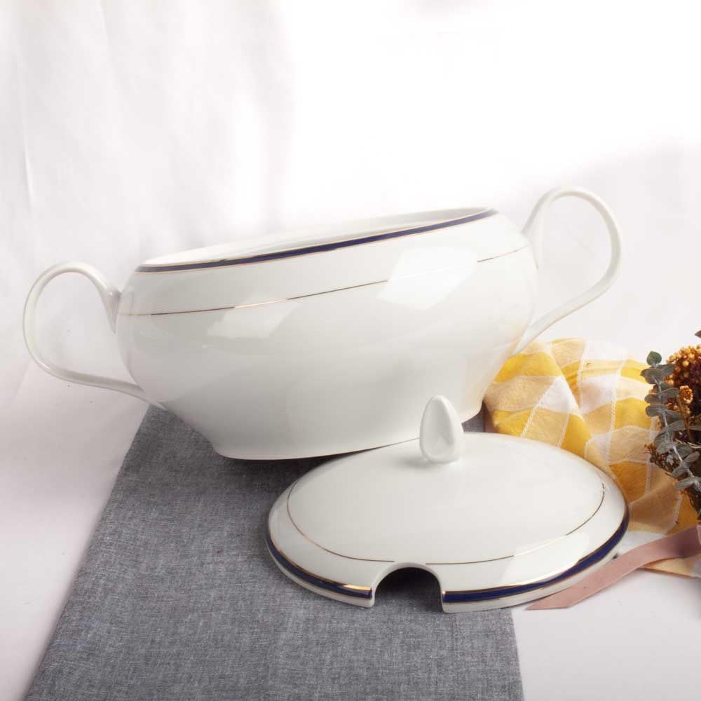 Sopera de porcelana blanca (X l) Sonata, 1 tapa de porcelana, filo de oro, azul cobalto