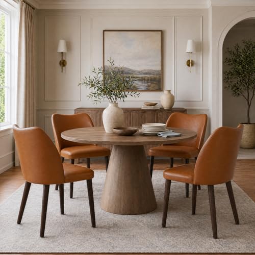 Image of MALOL Dining Chairs Set of 4, Upholstered Leather Kitchen Chairs with Curved Back, Padded Seat and Solid Wood Legs, Modern Dining Chair for Kitchen Dining Room,Light Brown