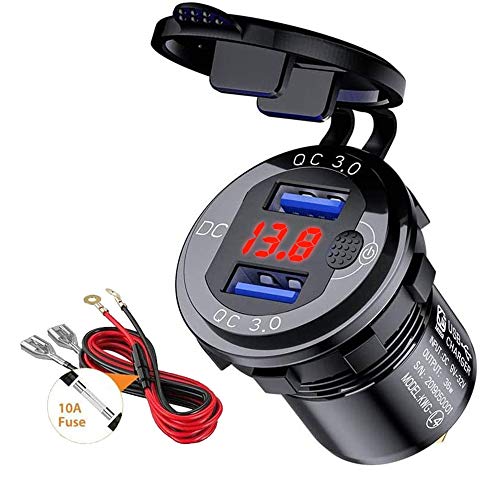 Quick Charge 3.0 Car Charger, QC 3.0 USB Car Charger Socket 12V/24V 36W Aluminum with Switch and LED Voltage Display for Marine, Motorcycle, Truck, Golf Cart