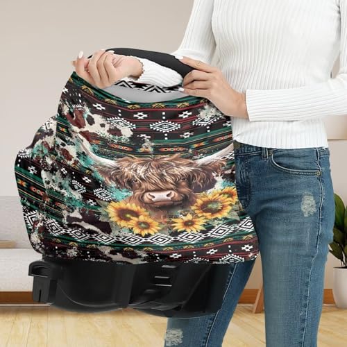 Image of Highland Cow Print Baby Carseat Cover Sunflower Nursing Cover Fashion Carseat Covers Baby Nursing Cover Toddler Boy Girls Breastfeeding Canopy Infant Stroller Cover Car Seat Canopy