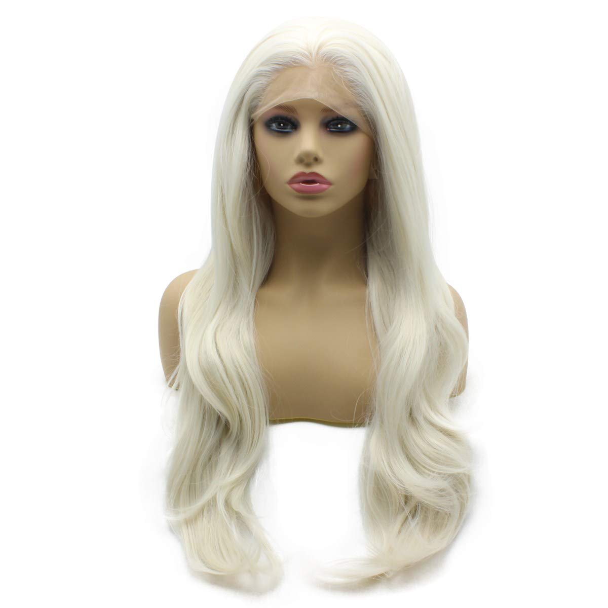IewigLong Wavy Platinum Blonde Swiss Heat Resistant Synthetic Lace Front Wig