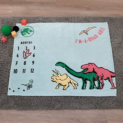 Image of Welcome to The Universe Baby Jurassic World Blue, Green, Orange and Yellow I'm-a-Roar-able Dinosaur Super Soft Milestone Baby Blanket