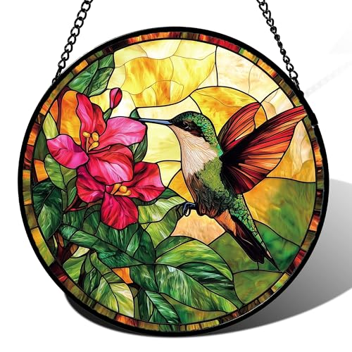 AMDERVEN Stained Glass Suncatcher Hummingbird Red Flowers Green Leaves Sun Catcher Stain Glass Window Hanging Decoration Mothers Day Birthday Gifts for Bird Lover Women Men Mom Nana 6.3 in