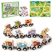 Toys for 1 2 3 Year Old Boys Girls, Montessori Toys Magnetic Wooden Train Set Gifts for 2-3-4 Year Old Boy Girl Educational Toddler Toy Birthday Presents Age 1+ Kids Animal Farm Games with Track Mat