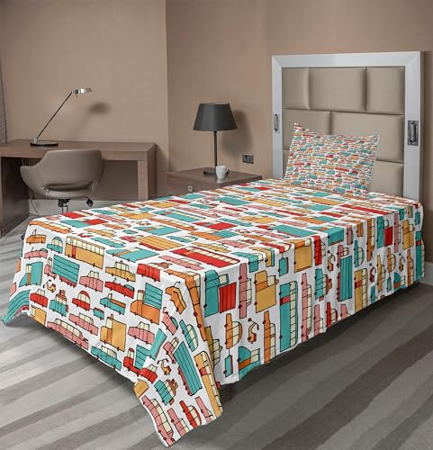 Ambesonne Cars Sheet Set, Drawing of Many Vehicles Motorbikes Caravans Trucks Taxis Buses Print, Fitted and Flat Sheet with Pillowcase Bedding Accent 3 Piece Set, Twin, Aqua Red Orange
