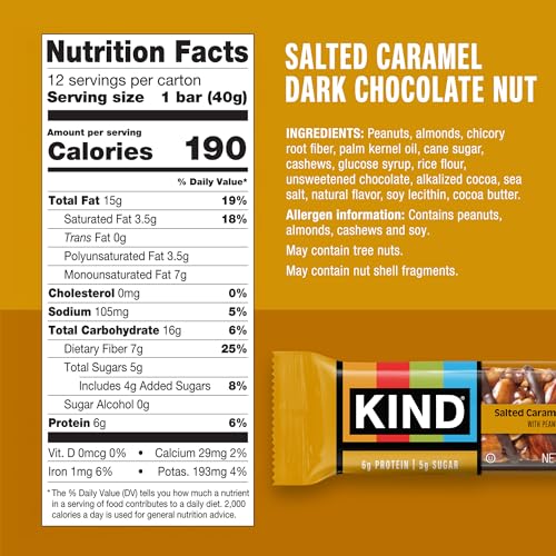 KIND Nut Bars, Salted Caramel & Dark Chocolate Nut, Healthy Snacks, Gluten Free, Low Sugar, 6g Protein, 12 Count