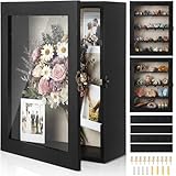 Gerrii Shadow Box Display Case 13 x 16 - Deep 5 Inch Large Wooden Picture Frame with Linen Back, Removable Shelves, Wooden Memory Case for Wedding Bouquets, Photos, Medals & Keepsakes, Black