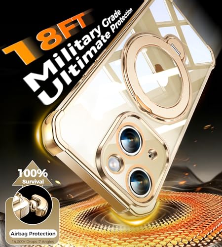 Image of Soft Case for iPhone 15 with 360 Rotating Magnetic Stand, Compatible with Mag-Safe, 4X MIL-Drop Protection, Lightweight Glossy Anti-Yellowing Clear Back Phone Cover for iPhone 15 6.1 inch, Gold