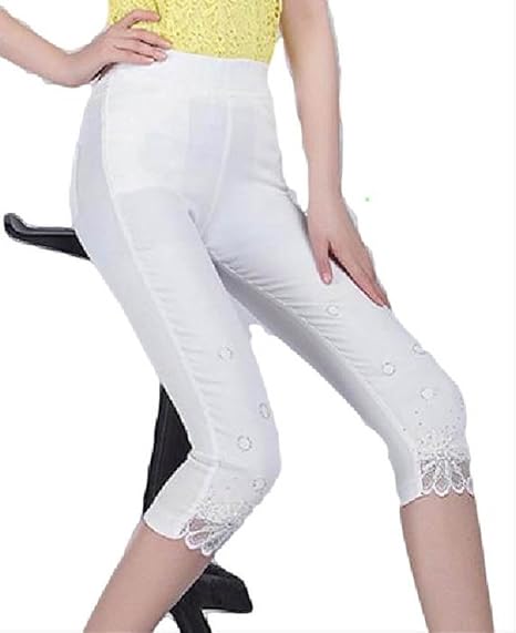Amazon レディース スパッツ レギンス ハーフ丈 5分丈 花 刺繍 ビジュー 白 グレー 黒 ボトムス ホワイト28 L レギンス スパッツ 通販