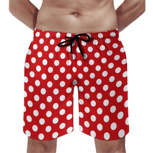 Hawaiian Shorts for Men - White Polka Dot Bright Red Print Quick Dry Mens Swim Trunks Bathing Suits with Mesh Lining