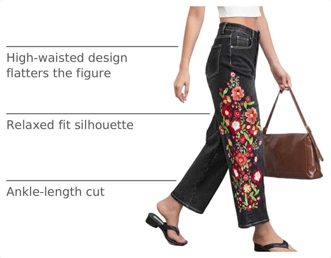 EZAPINE Straight Leg Cropped Jeans for Women Trendy Mid Rise Floral Print Boho Casual Denim Ankle Pants image 4