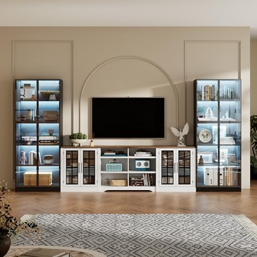 Bobve Farmhouse TV Stand for TVs up to 100',Entertainment Center with 2 LED Storage Cabinets,TV Console with Glass Doors and Adjustable Compartments for Large Space Living Room,Bedroom