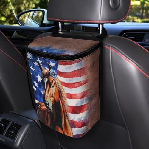 Image of Talayituse Horse Daisy American Flag Print Car Trash Can with Adjustable Straps, Zip Closure Car Trash Bag Bin Auto Garbage Bag Multipurpose Storage Box for Vehicle Travel Camping Picnicing