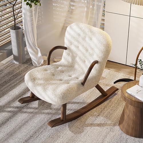 Modern Accent Rocking Chair with Double Pull-Point Backrest, Nursery Rocking Chair Indoor with Solid Wood Chair Feet, Nursery Recliner with Curved Armrests for Bedroom, Living Room, Porch, Garden(Brow