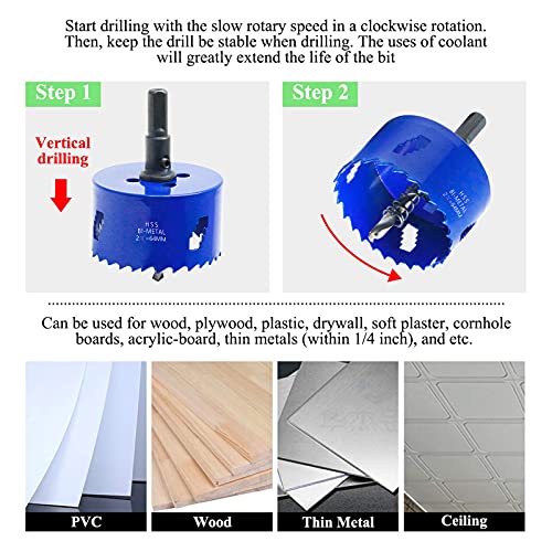 Image of 2-1 /2 Inch Hole Saw with Arbor, 1.2 Inch Cutting Depth | Heavy Duty, HSS Bi-Metal, For Wood Cornhole Boards Plastic Drywall & Thin Metal, Smoothly Cutting
