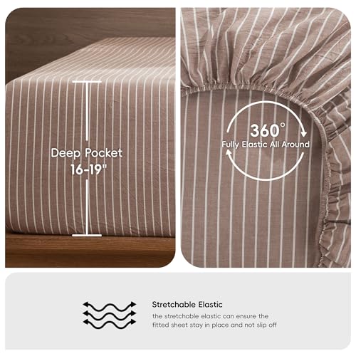 Image of MooMee Striped Sheet Set 100% Washed Cotton Linen Like Full