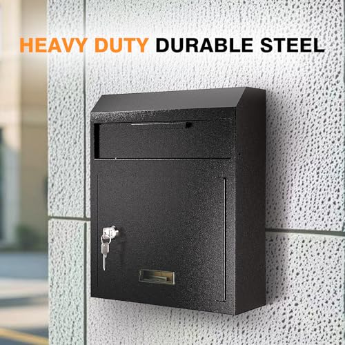 Image of Large Wall Mount Mail Drop Box, Heavy Duty Steel Mailbox with Key Lock