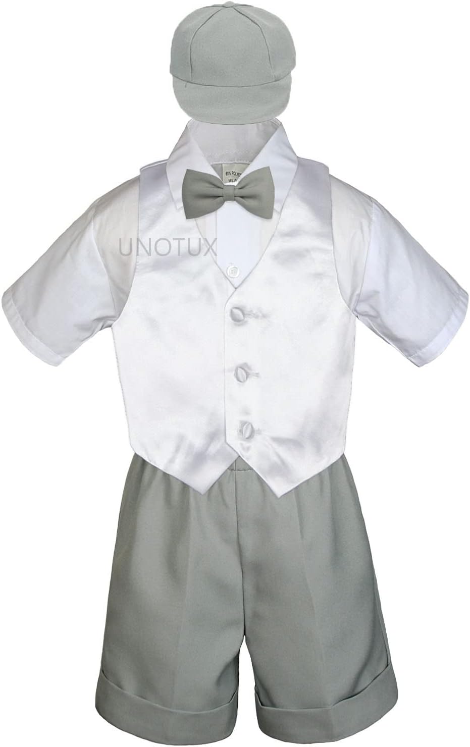 Baby Toddler Boy Formal Summer Event Suit Gray Shorts Shirt Hat Vest Set Sm-4T (Small (0-6 Months), White)