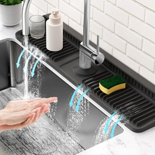 24'' Longer Faucet Mat for Kitchen Sink Splash Guard[7° Slope Fast Self-draining][Snap Lock Fit]Kitchen Sink Faucet Mat Splash Guard Kitchen Sink Area Water Splash Guard Behind Faucet Draining Mat
