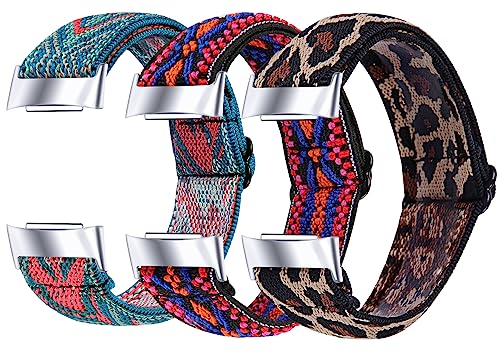 TenCloud 3 Pack Stretch Bands Compatible with Fitbit Charge 5 Watch Bands Nylon Strap Floral Breathable Adjustable Stretchy Loop Wristband Intended for Fitbit Charge 5 Watch (3B)
