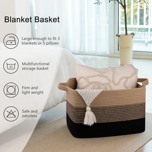 Image of OIAHOMY Large Blanket Basket, Rectangle Woven Baskets, Nursery Blanket Storage Living Room, Toy Storage With Handle, Large Baskets for Organizing-17.7 inchx13.8 inchx11 inch-Yellow Black