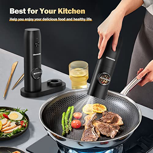 Electric Salt And Pepper Grinder Set, Cheweetty 2 Mills Refillable Salt And Pepper Shakers With Stand, Usb Rechargeable, Automatic One Hand Operation With Led Light, Adjustable Coarseness, Black #TOP5