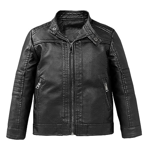 linboo Veste de moto en cuir synthétique pour enfant garçon et fille - Veste demi-saison printemps automne, Noir 02, 13-14 ans