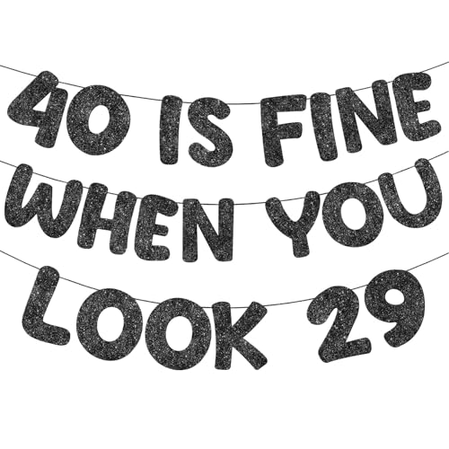 Image of Fulmoon Pre Strung 40 Is Fine When You Look 29 Banner Glitter Happy 40th Birthday Banner Funny 40th Birthday Sign 1986 Party Decorations for Men Women(Black)