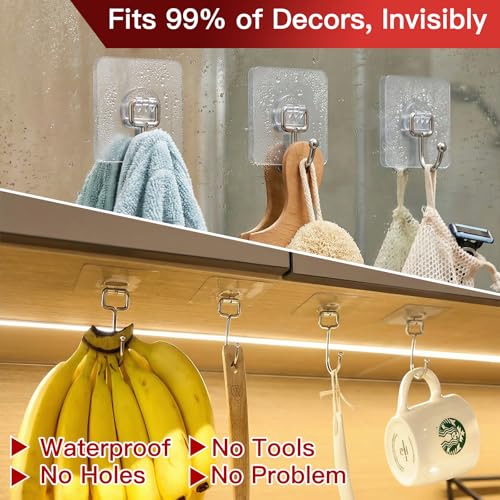 Image of Latoxcaa Large Adhesive Hooks 8-Pack, Heavy Duty 44lb(Max) Wall Hooks for Bathroom, Outdoor, Strong Self-Adhesive Towel & Coat Hooks, Waterproof Transparent Utility Hooks for Home Improvement
