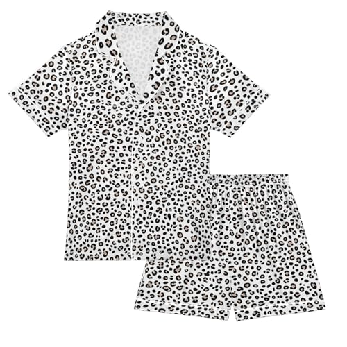 White Leopard Print Summer Pajamas Set Soft Satin Pjs Sets 2 Piece Short Sleeve Sleepwear Casual Clothes