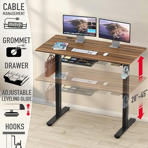 Image of SHW 55 x 28 Inches Electric Height Adjustable Standing Desk with Drawer and Memory Preset, Walnut