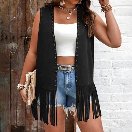 Women's Plus Size Fringe Vest Faux Suede Rivets Sleeveless Tassel Jacket Western Cowgirl Outfits Clothes 2025 Fashion2