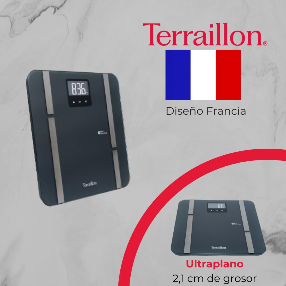 TERRAILLON - MASTER FIT ULTRA Balance conectado Wi-Fi, Frecuencia cardíaca, Análisis de masas grasas, musculares, hídricos, óseos y viscerales, IMC, ingesta diaria de calorías
