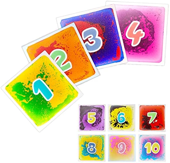 STEMBee 10-Pack Numbered Liquid Sensory Tiles | 12" x 12" Educational Activity Play Mats for Kids | Sensory Mat | Early Childhood Education Materials | Sensory Toys for Kids | Toddler Learning Toys