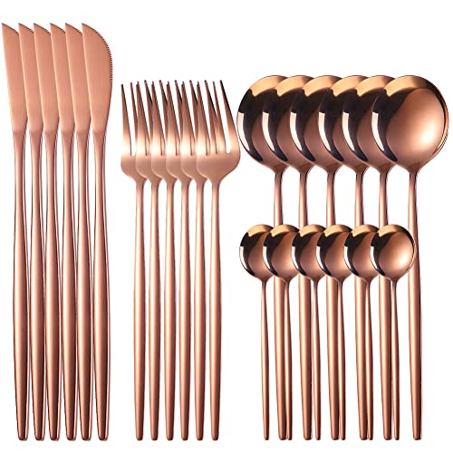 Home Safety Lot de 24 couverts en acier inoxydable or rose avec couteau, fourchette, cuillère, cuillère à café, couverts pour 6 personnes, coffret cadeau design poli miroir Cover