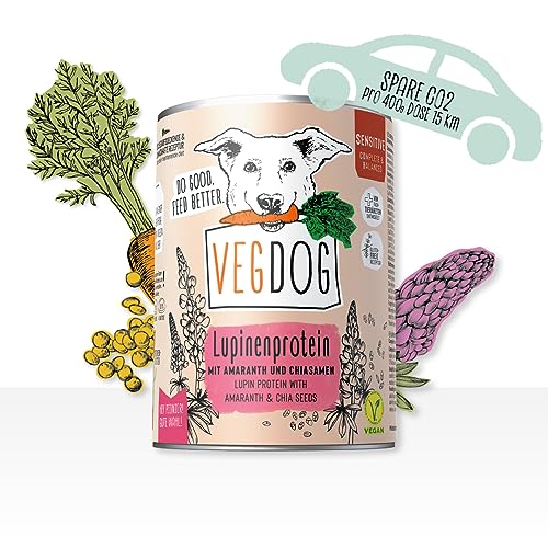 VEGDOG Sensitive hypoallergenes Nassfutter für Sensible Hunde (6 x 400 g) | Adulte Hunde| für ernährungssensible Vierbeiner, gut verdaulich | Alleinfutter für Allergiker mit Lupinenprotein