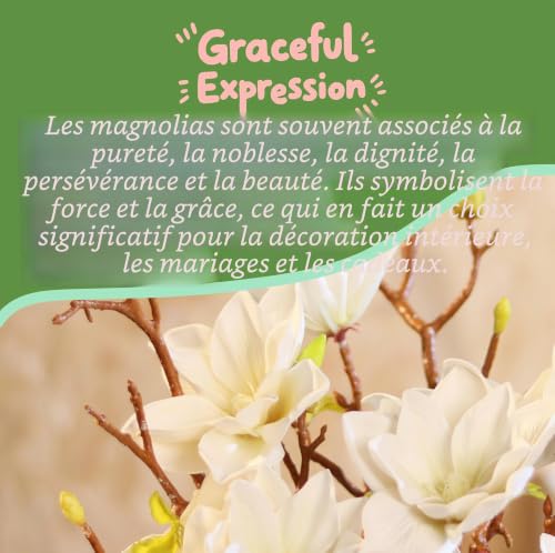 cn-Knight Lot de 3 branches de magnolia artificielles de 78,7 cm de long, fausses fleurs de qualité supérieure pour décoration d'intérieur, centres de table et arrangements de mariage, blanc – vue 6