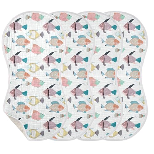 Colorful Fish Baby Burp Cloths for Boys and Girls, Soft Muslin Spit Up Towels, 22"x11" Newborn Essentials for Feeding and Drooling, 4 Pack3