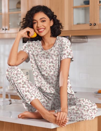 Image of Ekouaer 2 pack Pajama Sets for Womens Jogger Pants Pjs Short Sleeves Lounge Set Soft Sleepwear with Pockets