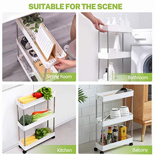 Kpx Slim Rolling Storage Cart Kitchen Small Shelves Organizer With Casters Wheels Mobile Bathroom Slide Utility Cart, Small Shelf For Laundry Room, Make Up, Home School, Dorm Room (3-Tier, White) #TOP5