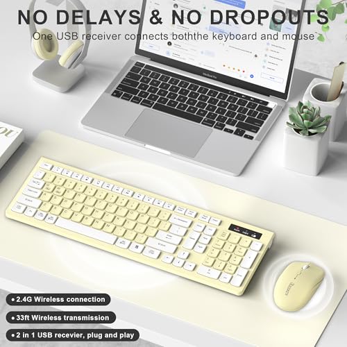Image of Wireless Keyboard and Mouse Combo, Full-Sized Wireless Keyboard and Adjustable DPI Mouse, 2.4GHz USB Receiver, Keyboard and Mouse for PC, Windows, Desktop, Laptop (Canary Yellow)