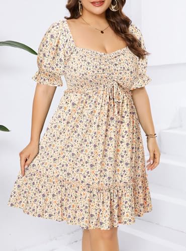 Image of Pinup Fashion Plus Size Summer Dresses-2026 Casual Puff Sleeve Sweetheart Neckline Smocked Short Babydoll Dress