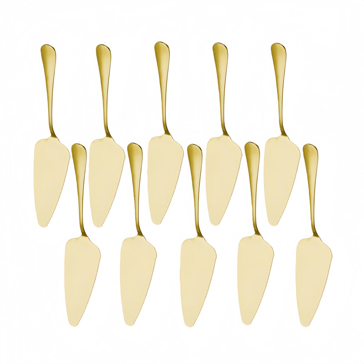 Ymeibe Stainless Steel Cake Server Pack of 10 Pie Holder Transfer Triangular Spade Spatula Serrated Edge for Pizza Cake Baking Safe in Dishwasher (Gold)